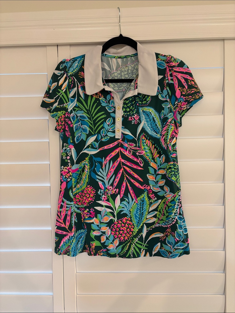 Women's Tropical Print Polo Top with White Collar